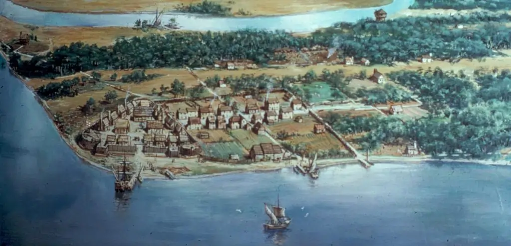 Reconstruction of the Jamestown settlement in 1607, illustrating survival challenges faced by early pioneers.