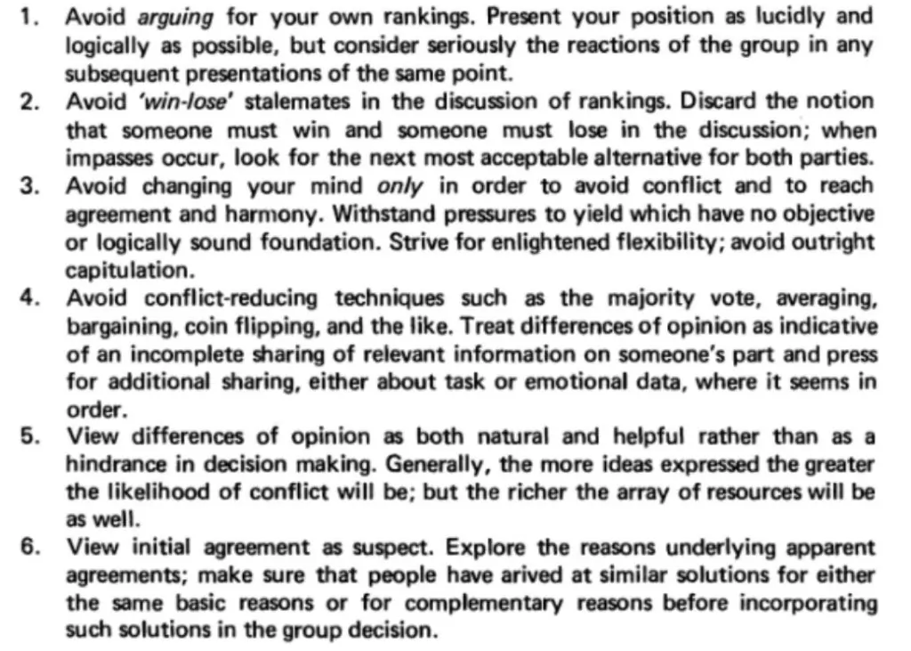 Text of the procedural rules from Hall and Watson’s 1970 study, guiding team decision-making in NASA Moon Survival.