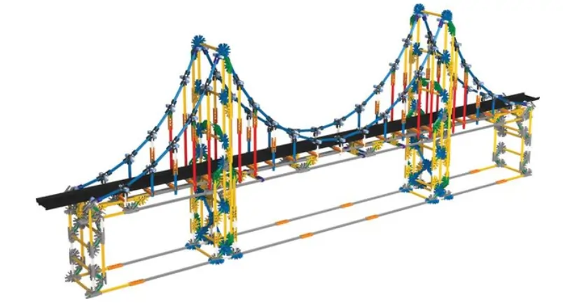A bridge built with K'NEX, highlighting teamwork, creativity, and engineering skills as participants collaborate to design and construct a functional structure.