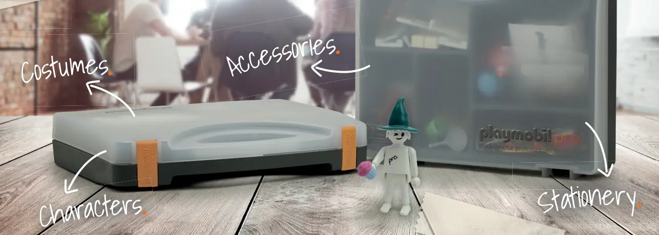 What's in a PLAYMOBIL Pro Kit, showcasing the contents including stationery, characters, costumes, and accessories.